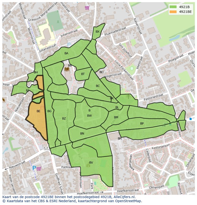 Afbeelding van het postcodegebied 4921 BE op de kaart.