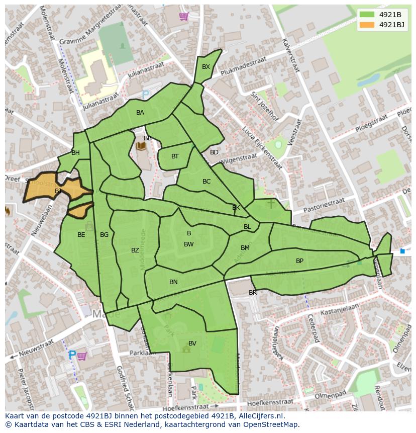 Afbeelding van het postcodegebied 4921 BJ op de kaart.