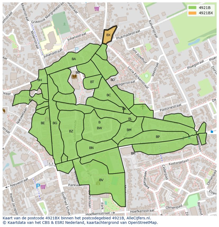 Afbeelding van het postcodegebied 4921 BX op de kaart.