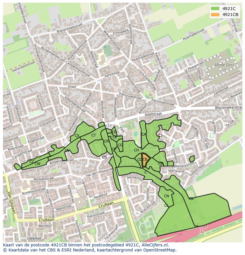 Afbeelding van het postcodegebied 4921 CB op de kaart.