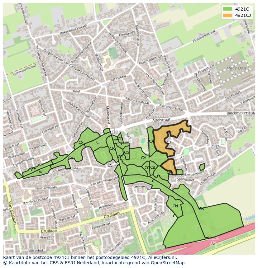 Afbeelding van het postcodegebied 4921 CJ op de kaart.