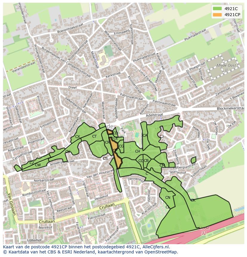 Afbeelding van het postcodegebied 4921 CP op de kaart.