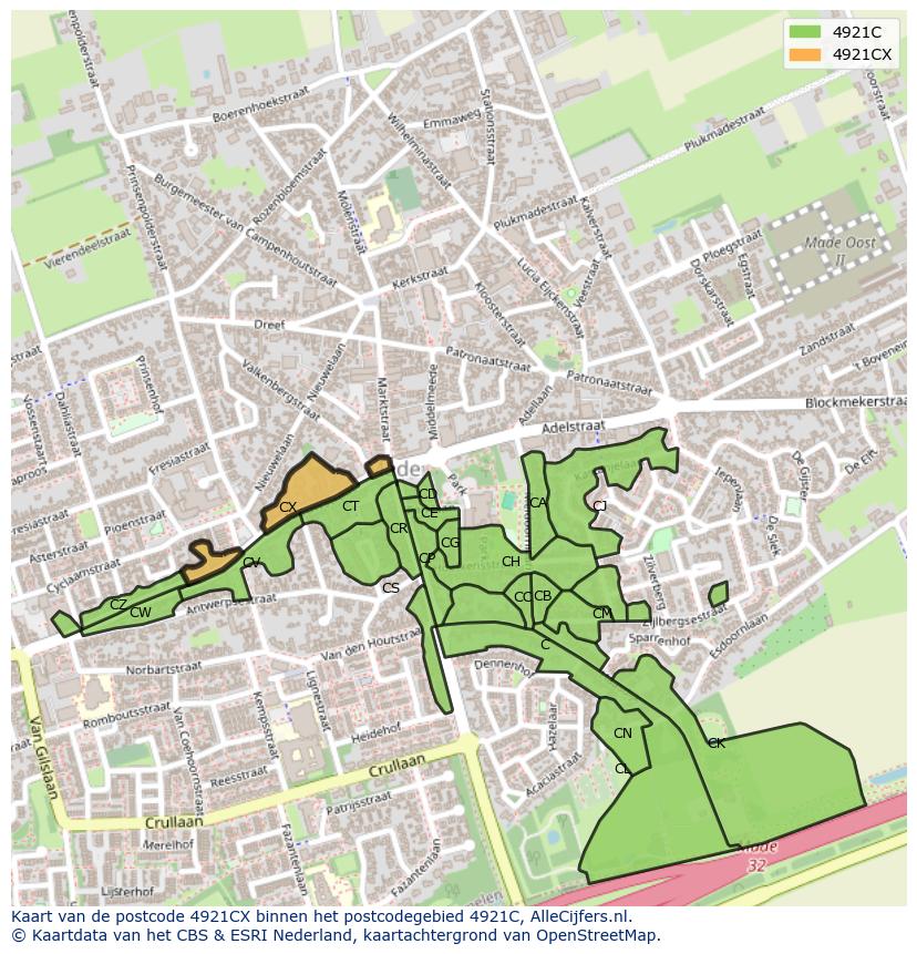 Afbeelding van het postcodegebied 4921 CX op de kaart.