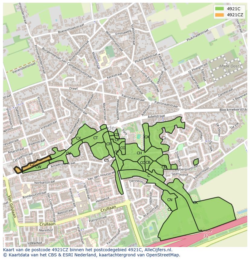 Afbeelding van het postcodegebied 4921 CZ op de kaart.