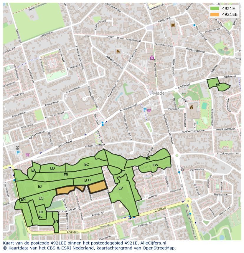 Afbeelding van het postcodegebied 4921 EE op de kaart.