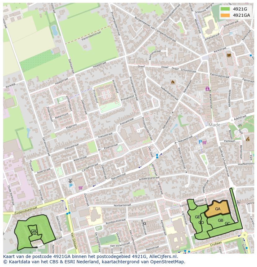 Afbeelding van het postcodegebied 4921 GA op de kaart.