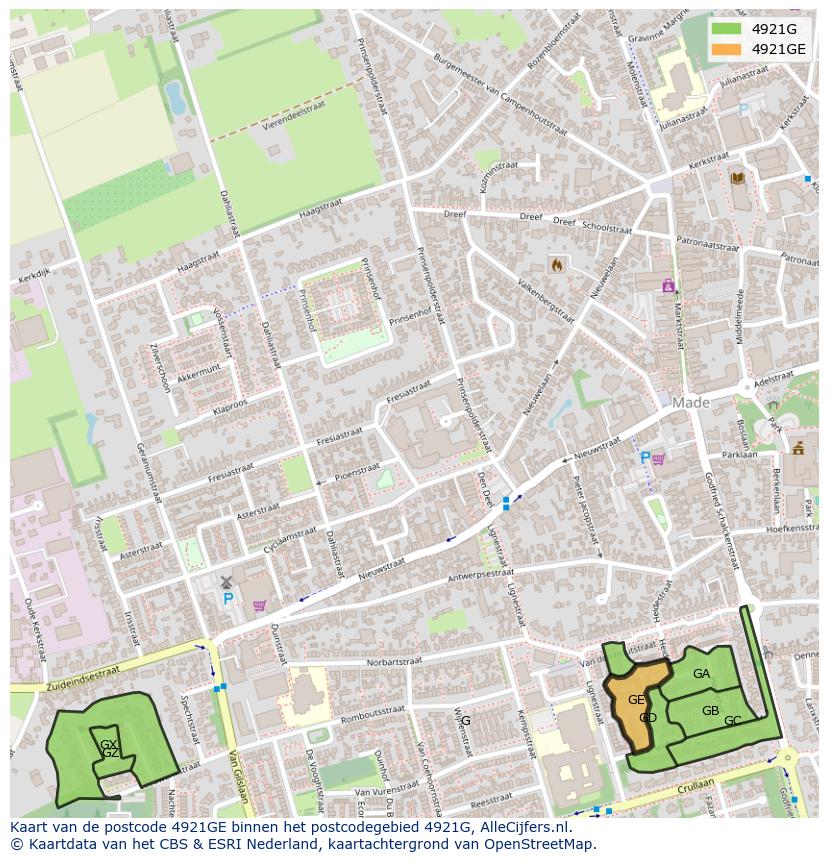Afbeelding van het postcodegebied 4921 GE op de kaart.