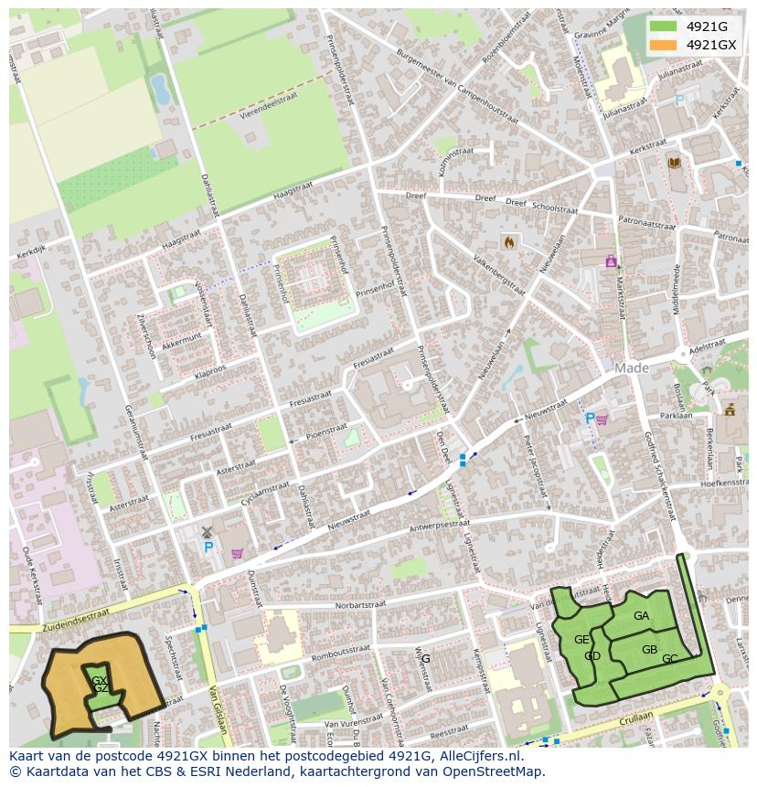 Afbeelding van het postcodegebied 4921 GX op de kaart.
