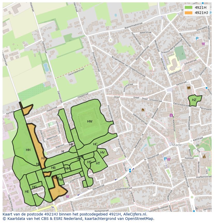 Afbeelding van het postcodegebied 4921 HJ op de kaart.