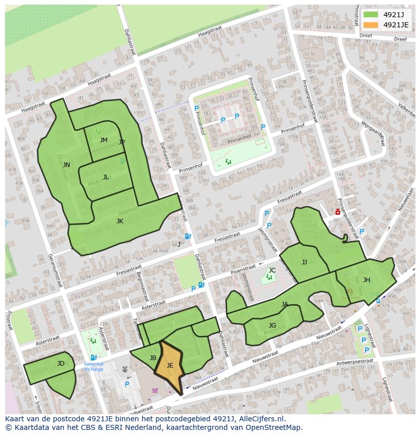 Afbeelding van het postcodegebied 4921 JE op de kaart.