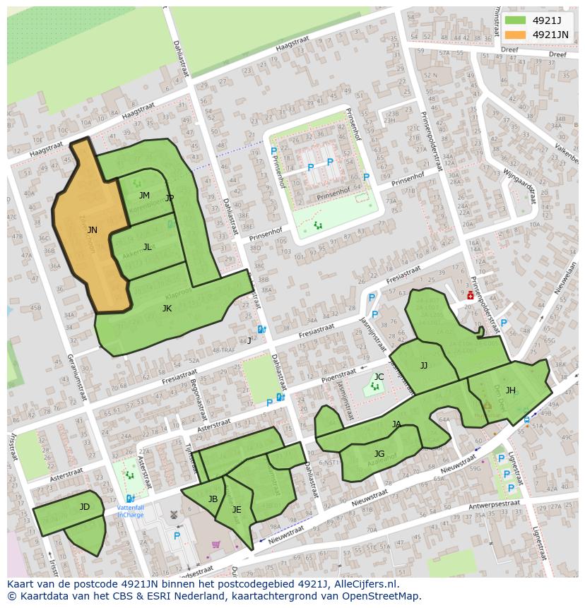 Afbeelding van het postcodegebied 4921 JN op de kaart.