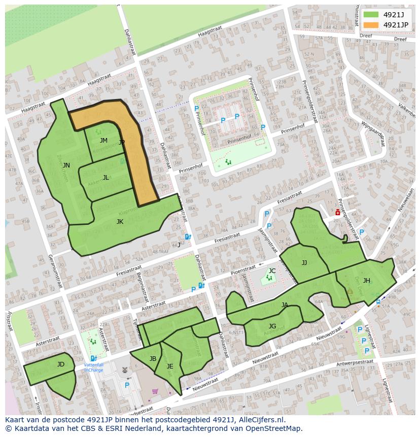 Afbeelding van het postcodegebied 4921 JP op de kaart.