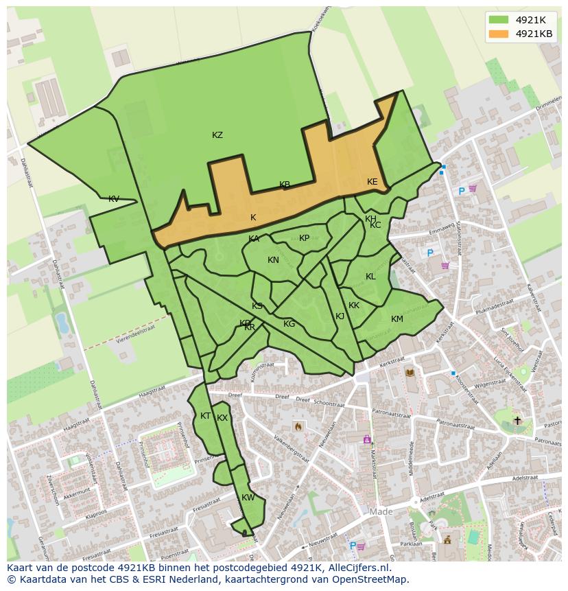Afbeelding van het postcodegebied 4921 KB op de kaart.