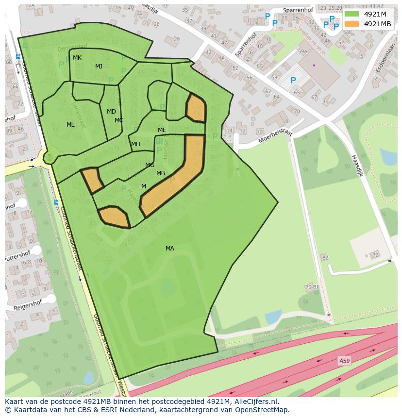 Afbeelding van het postcodegebied 4921 MB op de kaart.