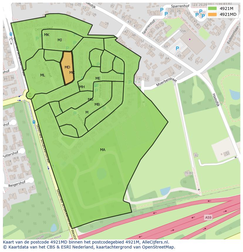 Afbeelding van het postcodegebied 4921 MD op de kaart.