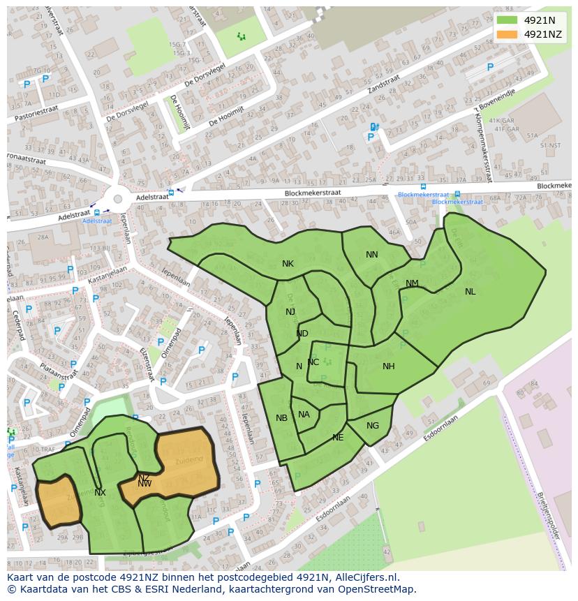 Afbeelding van het postcodegebied 4921 NZ op de kaart.