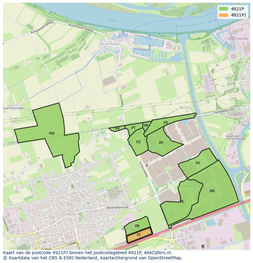 Afbeelding van het postcodegebied 4921 PJ op de kaart.