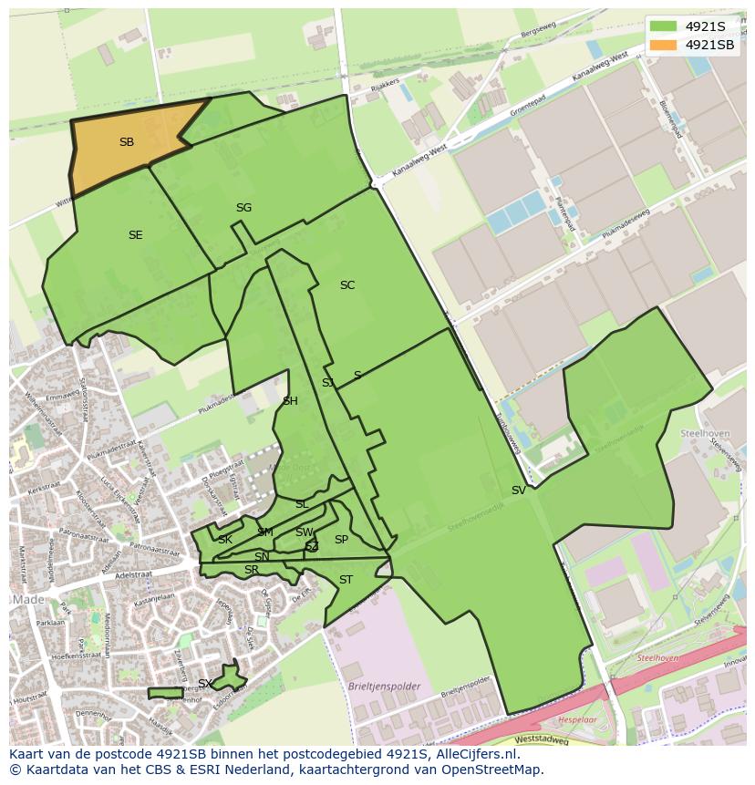 Afbeelding van het postcodegebied 4921 SB op de kaart.
