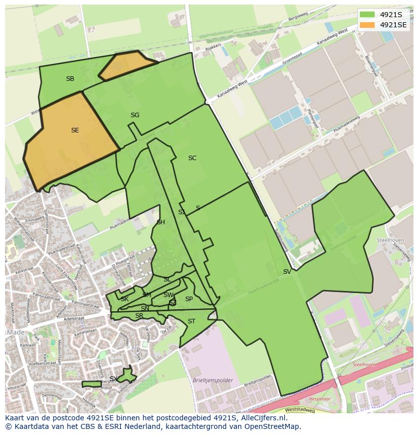 Afbeelding van het postcodegebied 4921 SE op de kaart.