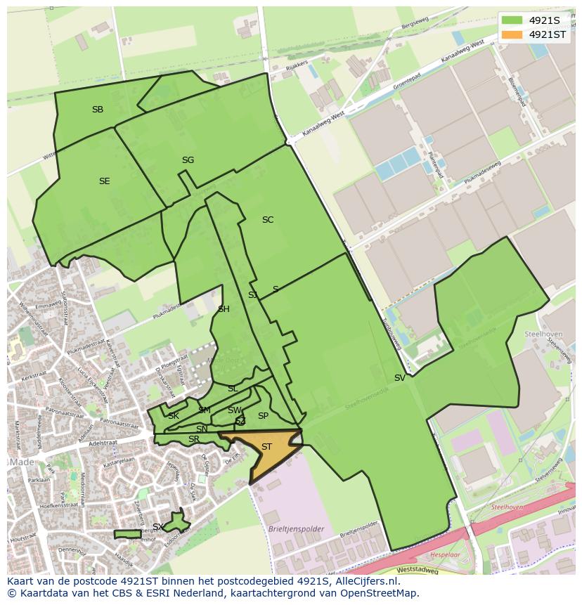 Afbeelding van het postcodegebied 4921 ST op de kaart.