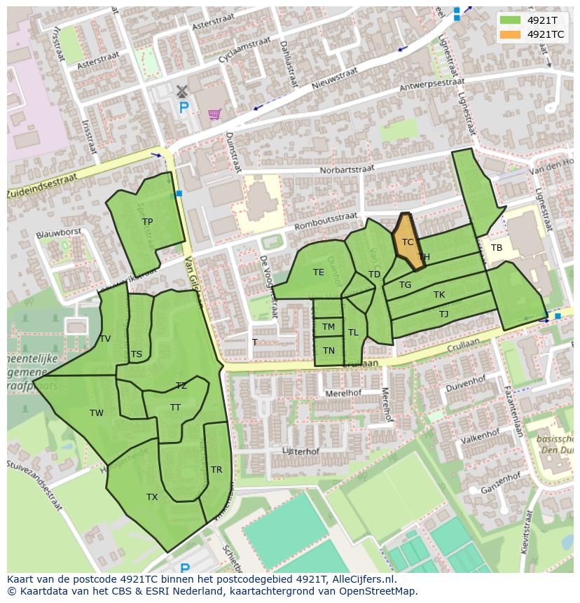 Afbeelding van het postcodegebied 4921 TC op de kaart.