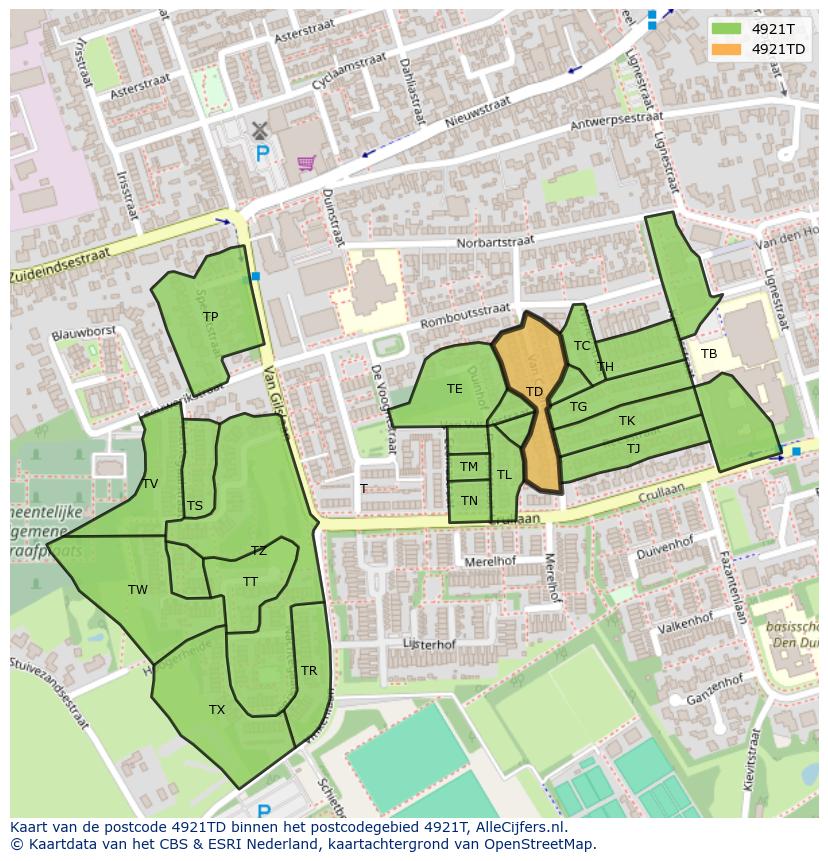 Afbeelding van het postcodegebied 4921 TD op de kaart.