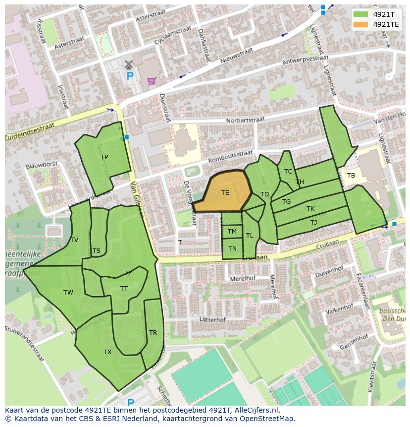Afbeelding van het postcodegebied 4921 TE op de kaart.
