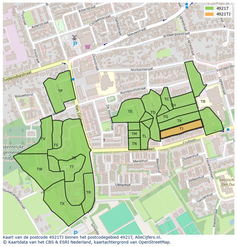 Afbeelding van het postcodegebied 4921 TJ op de kaart.