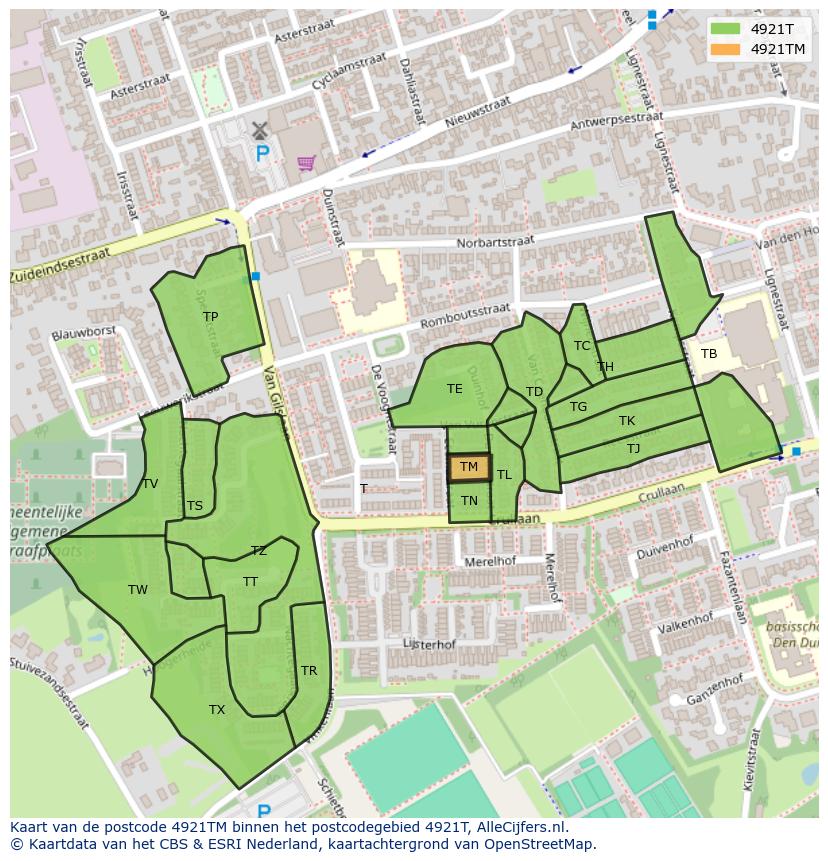 Afbeelding van het postcodegebied 4921 TM op de kaart.