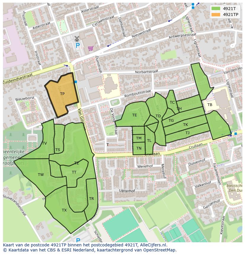 Afbeelding van het postcodegebied 4921 TP op de kaart.