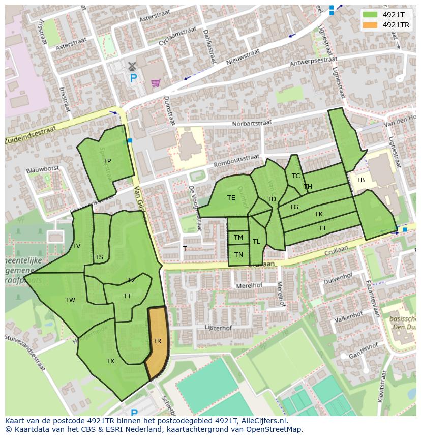 Afbeelding van het postcodegebied 4921 TR op de kaart.