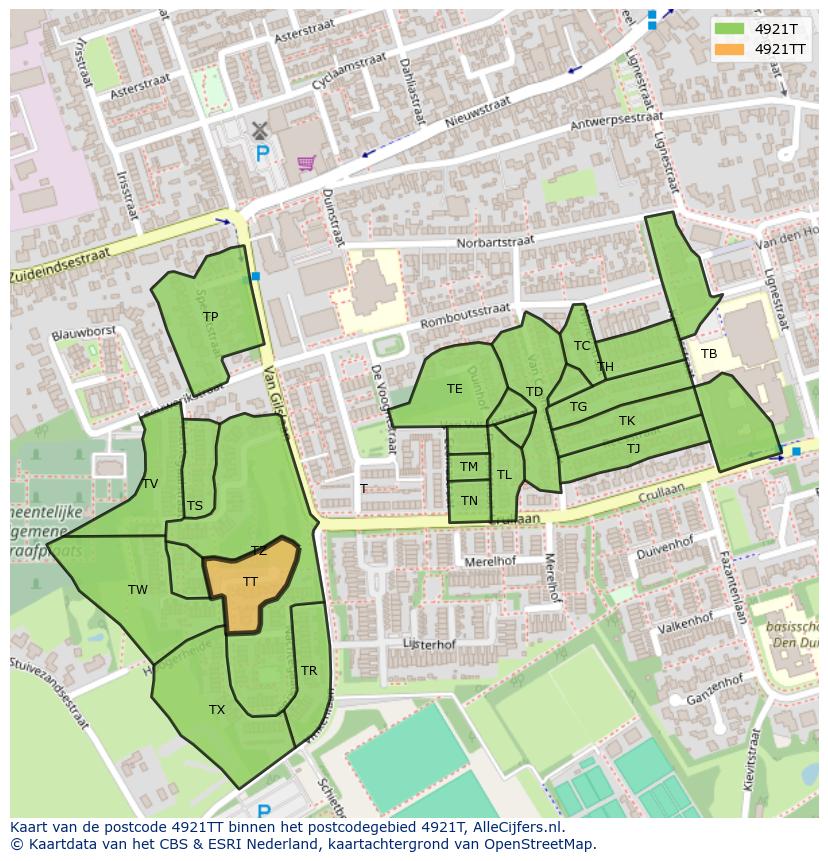 Afbeelding van het postcodegebied 4921 TT op de kaart.