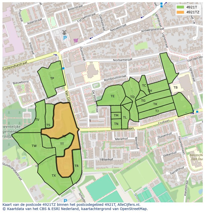 Afbeelding van het postcodegebied 4921 TZ op de kaart.
