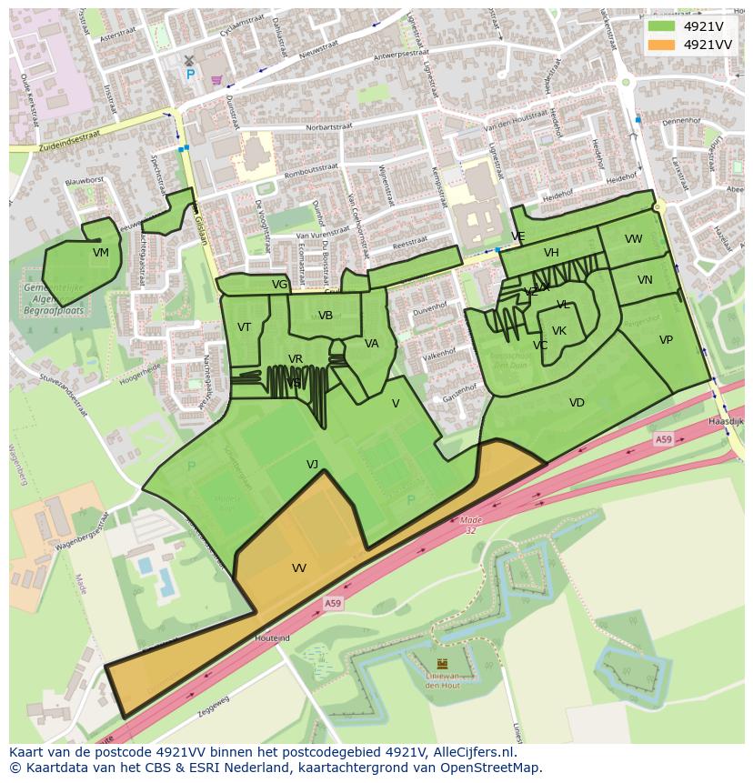 Afbeelding van het postcodegebied 4921 VV op de kaart.