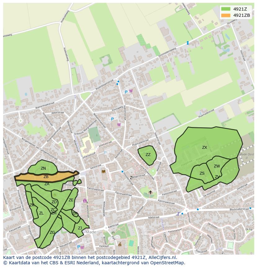 Afbeelding van het postcodegebied 4921 ZB op de kaart.