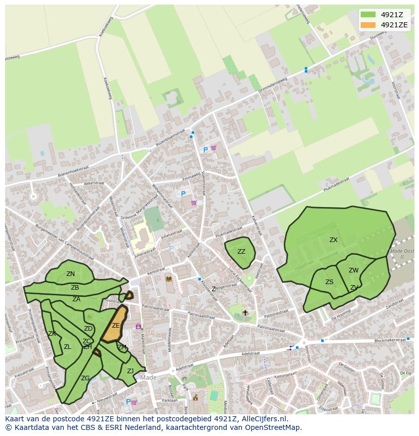 Afbeelding van het postcodegebied 4921 ZE op de kaart.