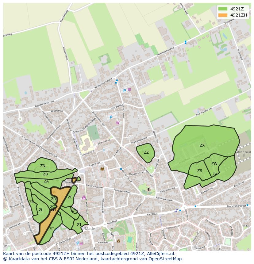 Afbeelding van het postcodegebied 4921 ZH op de kaart.
