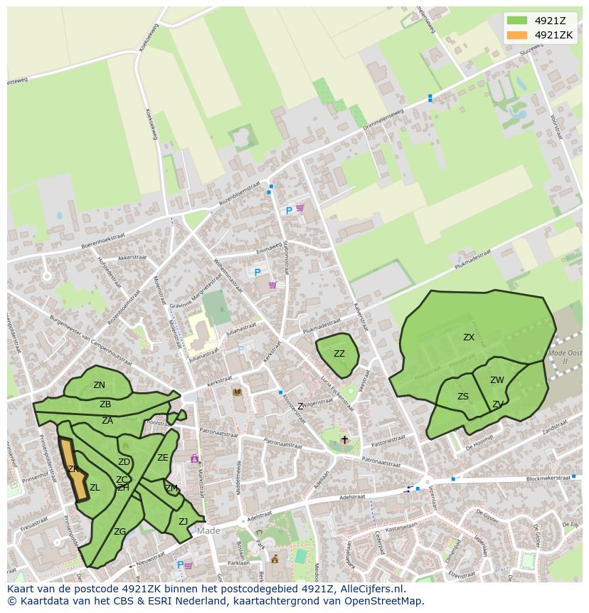 Afbeelding van het postcodegebied 4921 ZK op de kaart.