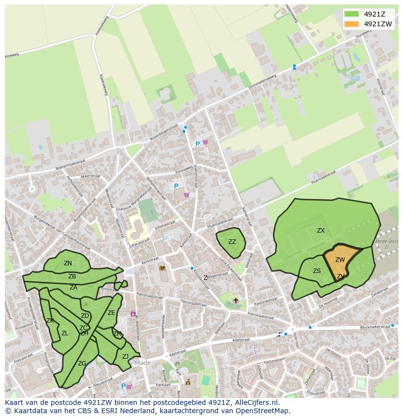 Afbeelding van het postcodegebied 4921 ZW op de kaart.