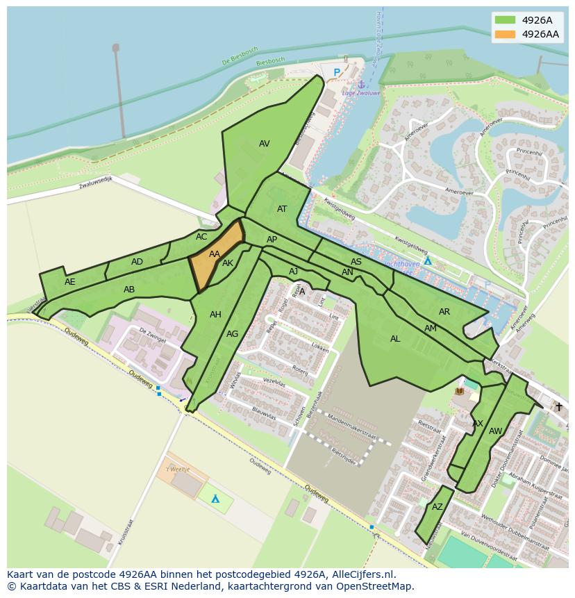 Afbeelding van het postcodegebied 4926 AA op de kaart.