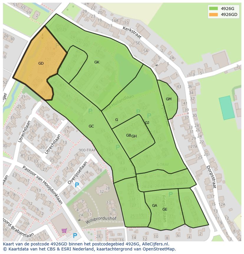 Afbeelding van het postcodegebied 4926 GD op de kaart.