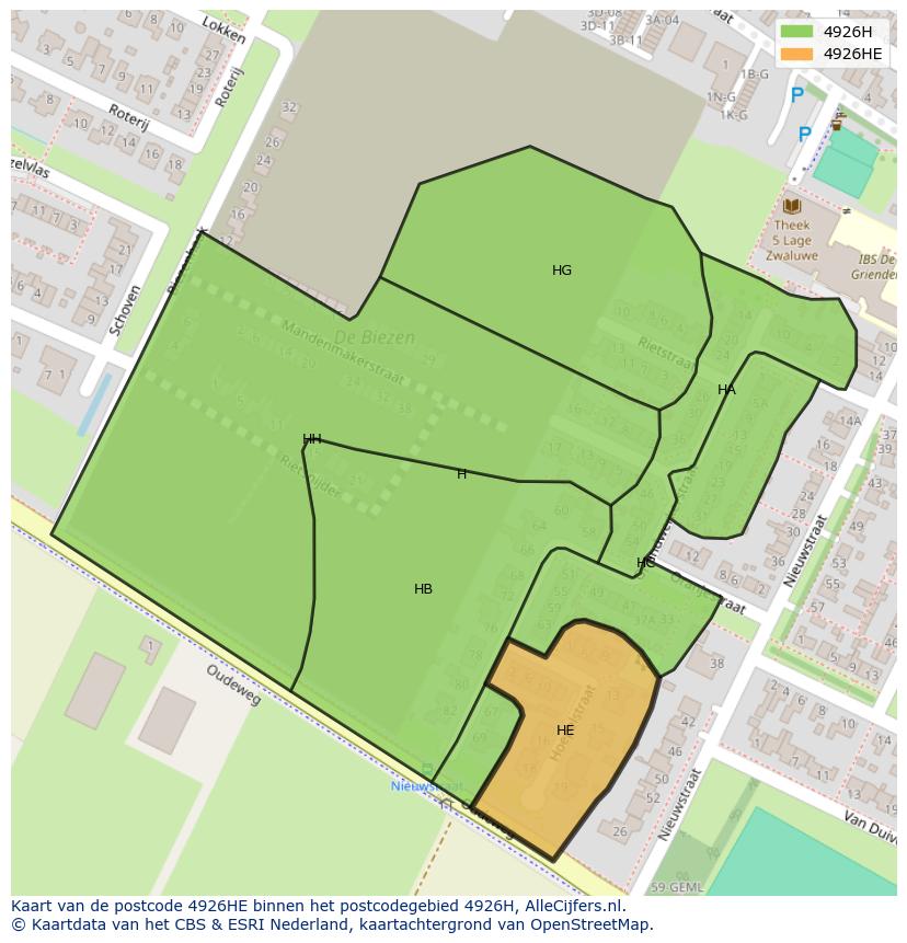 Afbeelding van het postcodegebied 4926 HE op de kaart.