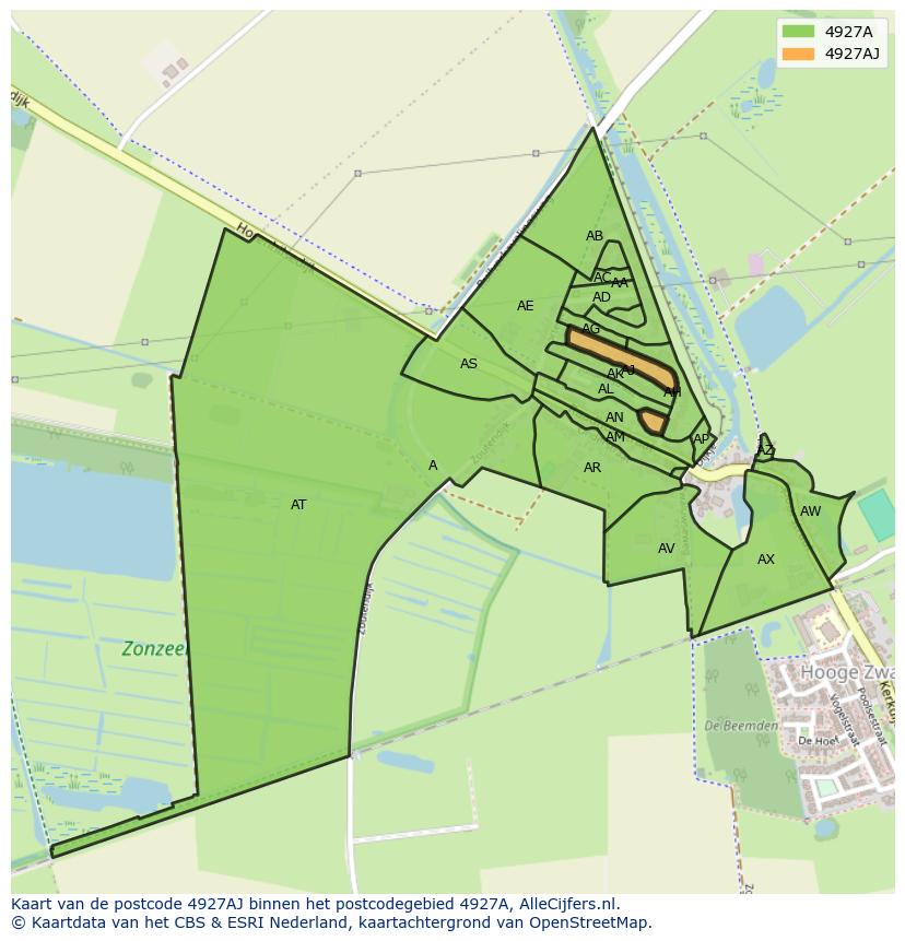 Afbeelding van het postcodegebied 4927 AJ op de kaart.
