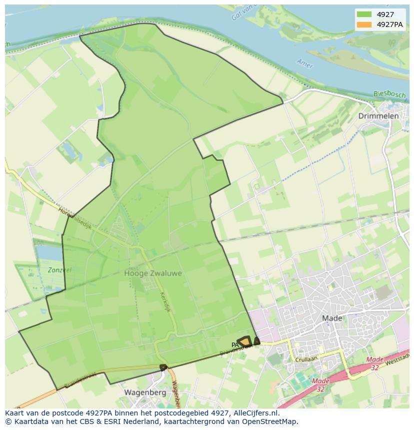 Afbeelding van het postcodegebied 4927 PA op de kaart.