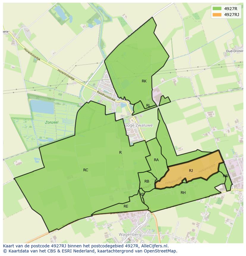 Afbeelding van het postcodegebied 4927 RJ op de kaart.