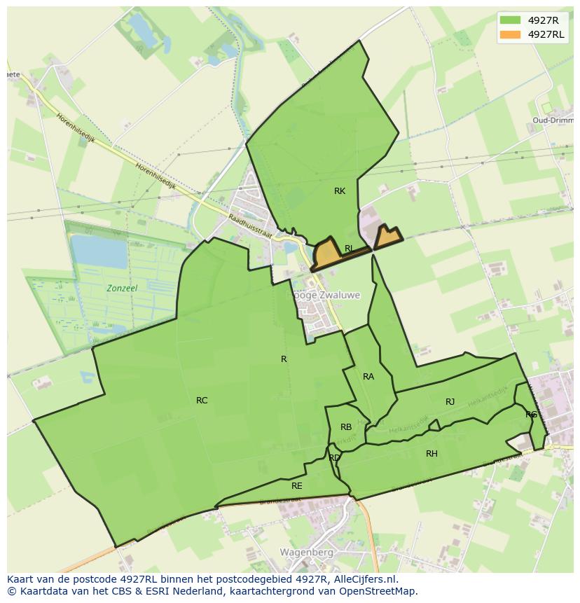 Afbeelding van het postcodegebied 4927 RL op de kaart.