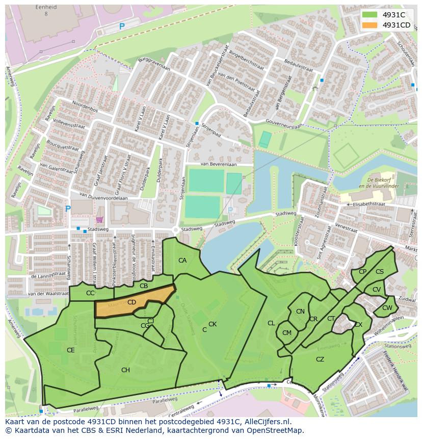 Afbeelding van het postcodegebied 4931 CD op de kaart.
