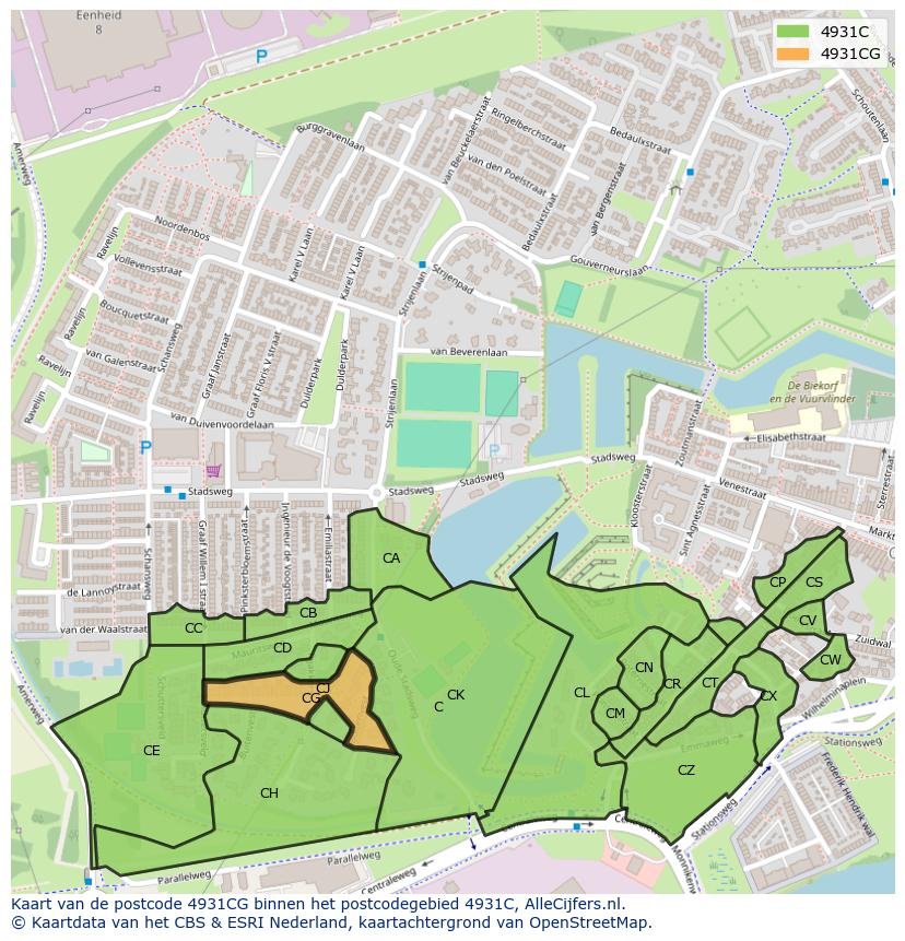 Afbeelding van het postcodegebied 4931 CG op de kaart.