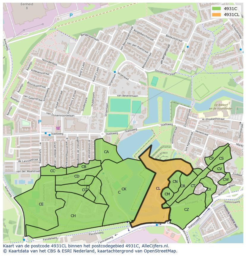 Afbeelding van het postcodegebied 4931 CL op de kaart.