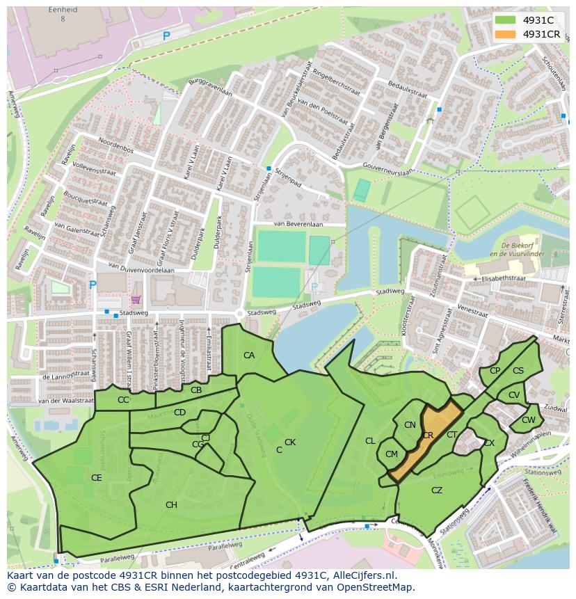 Afbeelding van het postcodegebied 4931 CR op de kaart.